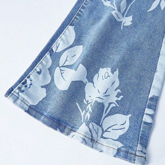 Light Wash Casual Women's Floral Printed Bootcut High Waisted Stretch Jeans - Picture 4 of 6